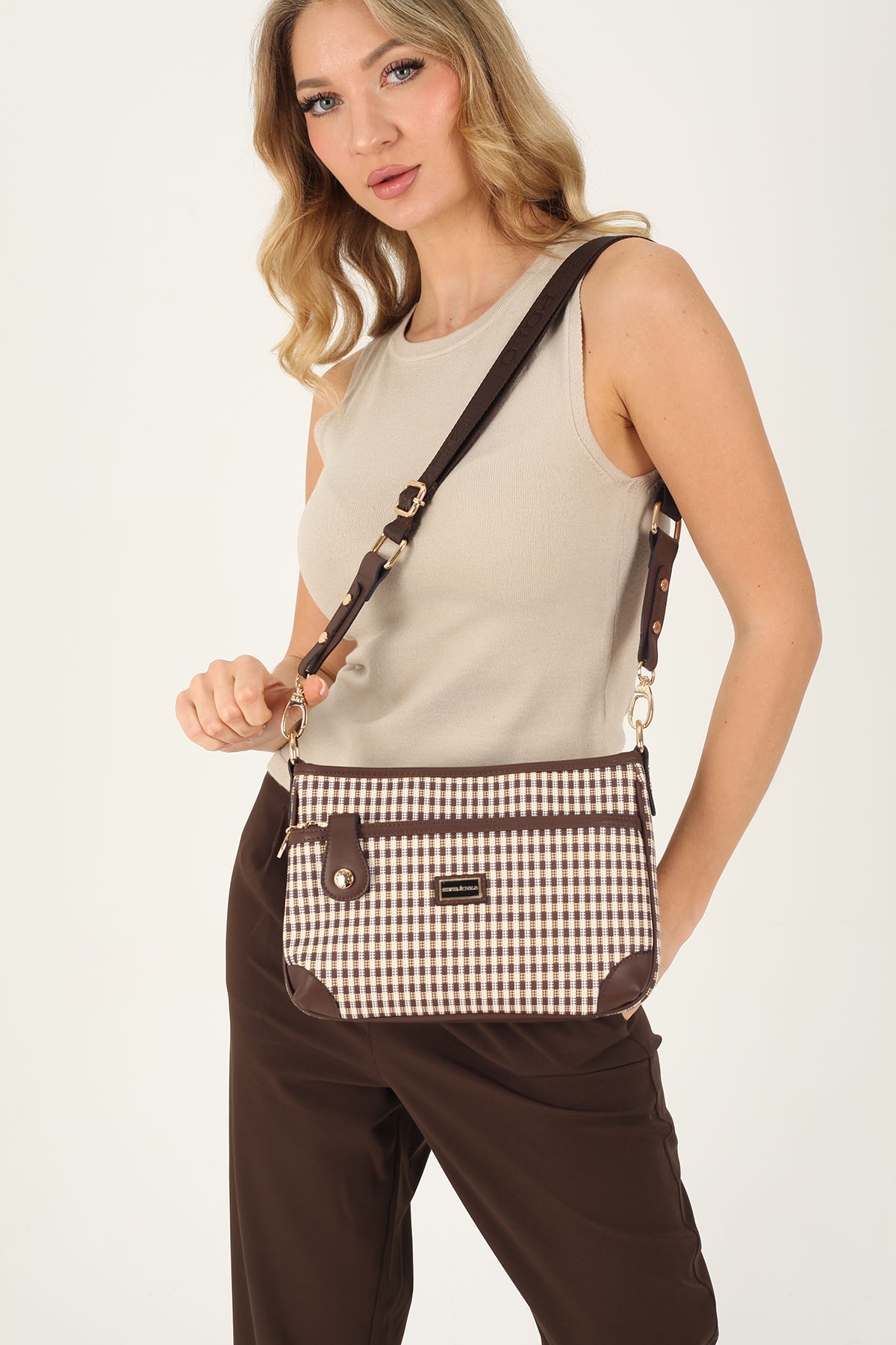 Silver & Polo SP1160 Kadın Çapraz Çanta Ekose Line Kare Kahve Sarı-Kahve