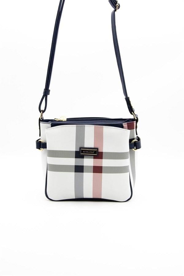 Silver & Polo SP884 Kadın Çapraz Çanta Ekose Beyaz-Lacivert