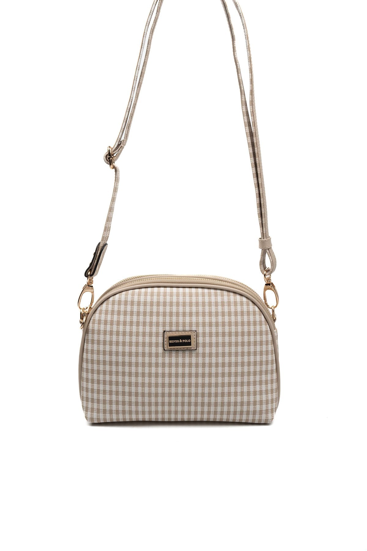 Silver & Polo SP765 Kadın Çapraz Çanta Ekose Line Kare Kum Beji-Kum Beji