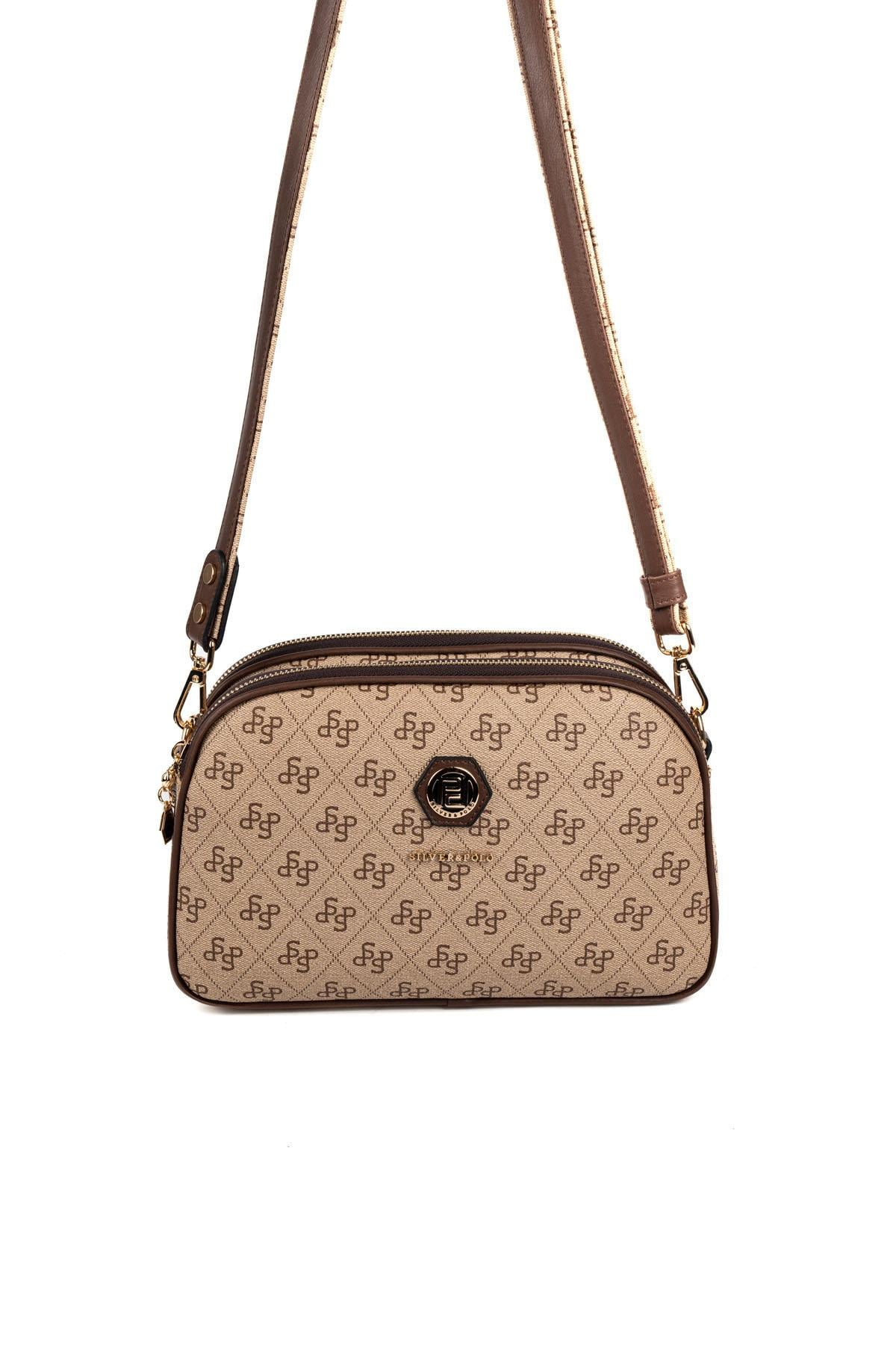 Silver & Polo SP745 Kadın Çapraz Çanta Monogram Koyu Bej-Kahve