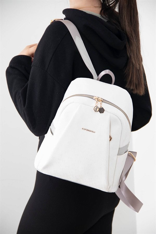 Silver & Polo SP926 Kadın Sırt Çantası Logolu Beyaz-A.Gri