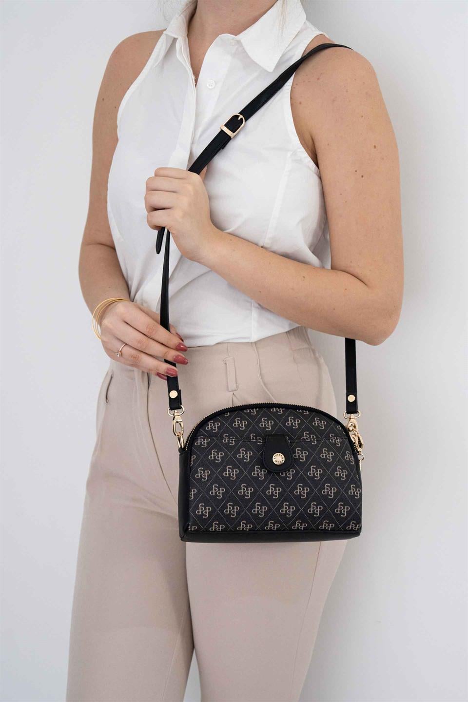 Silver & Polo SP1144 Kadın Çapraz Çanta Monogram Füme-Siyah