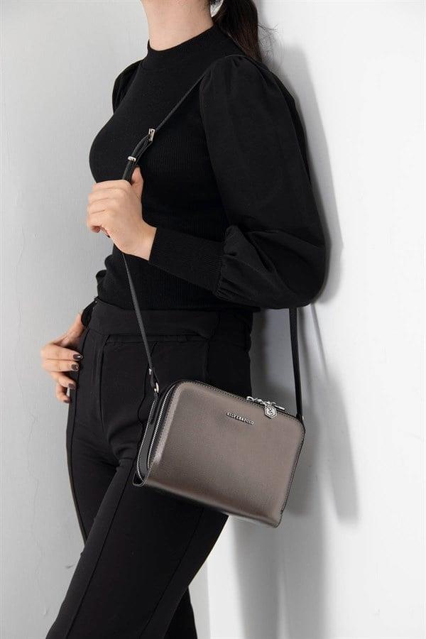 Silver & Polo SP888 Kadın Çapraz Çanta Düz Platin-Siyah