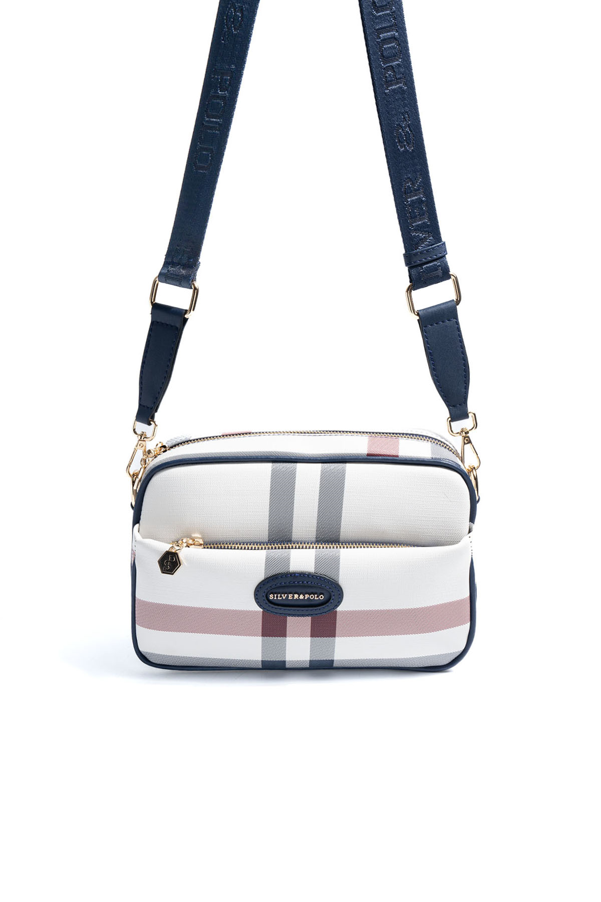Silver & Polo SP1267 Kadın Çapraz Çanta Ekose Beyaz-Lacivert