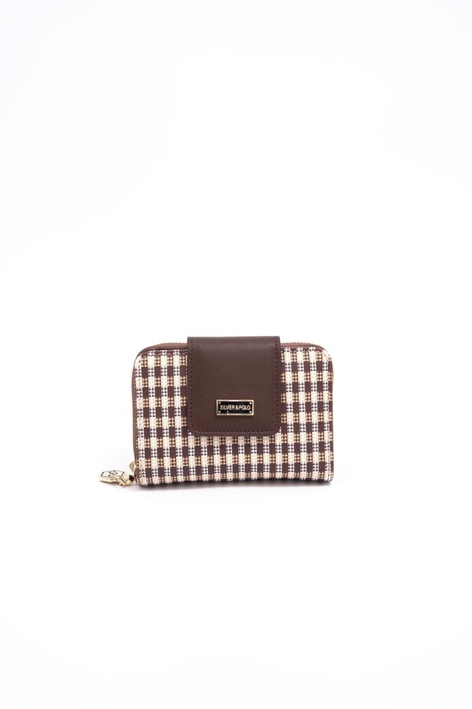 Silver & Polo SP935 Kadın Cüzdan & Kartlık Ekose Line Kare Kahve Sarı-Kahve