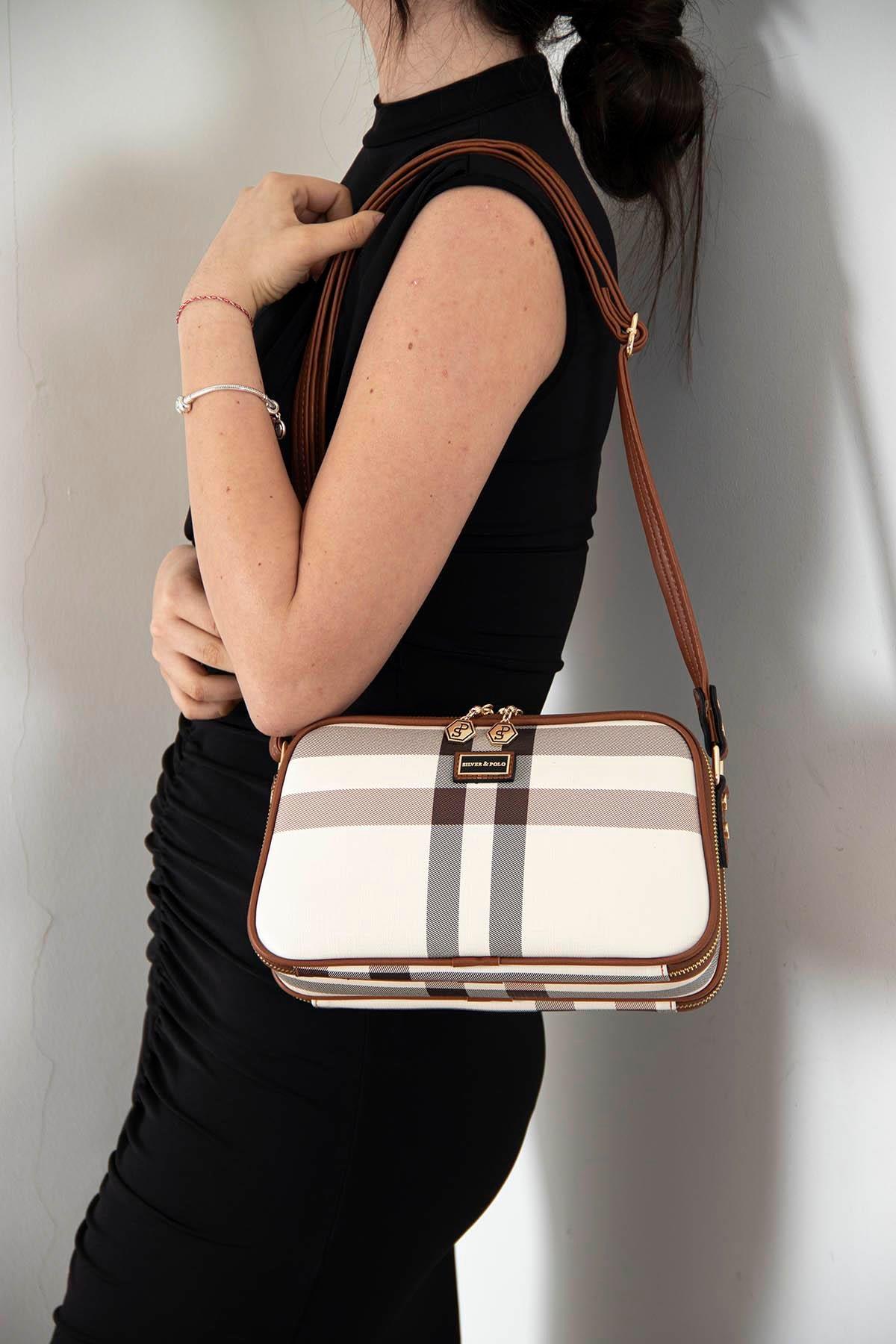 Silver & Polo SP899 Kadın Çapraz Çanta Ekose Krem-Taba