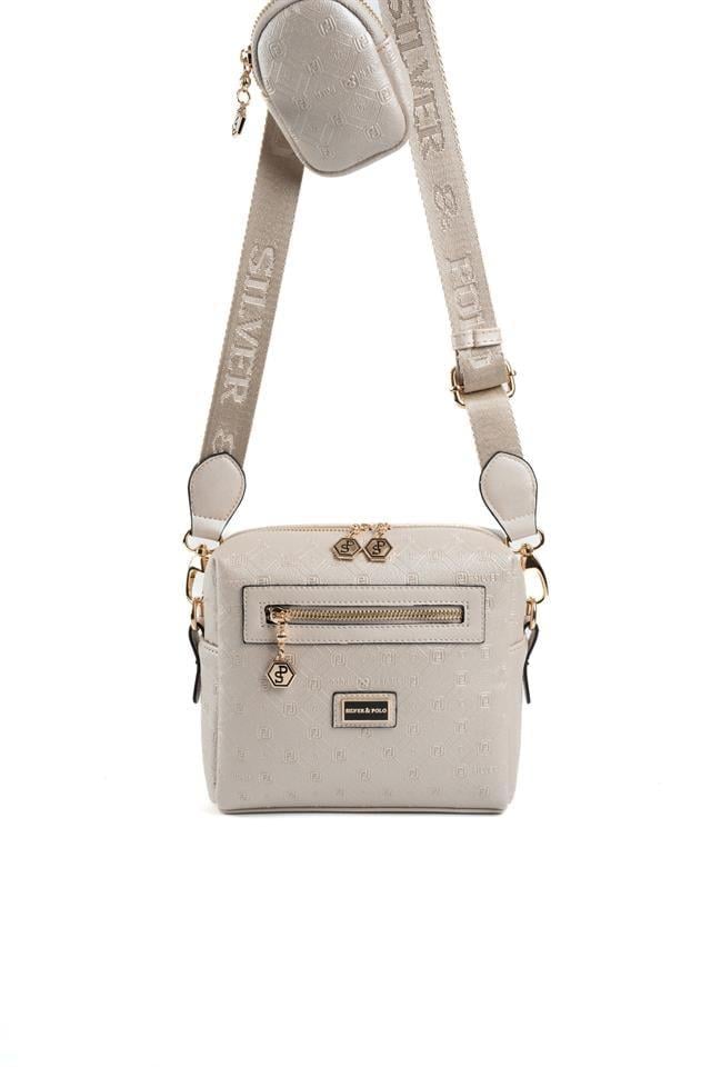 Silver & Polo SP1038 Kadın Çapraz Çanta Logolu Bej-S.Bej