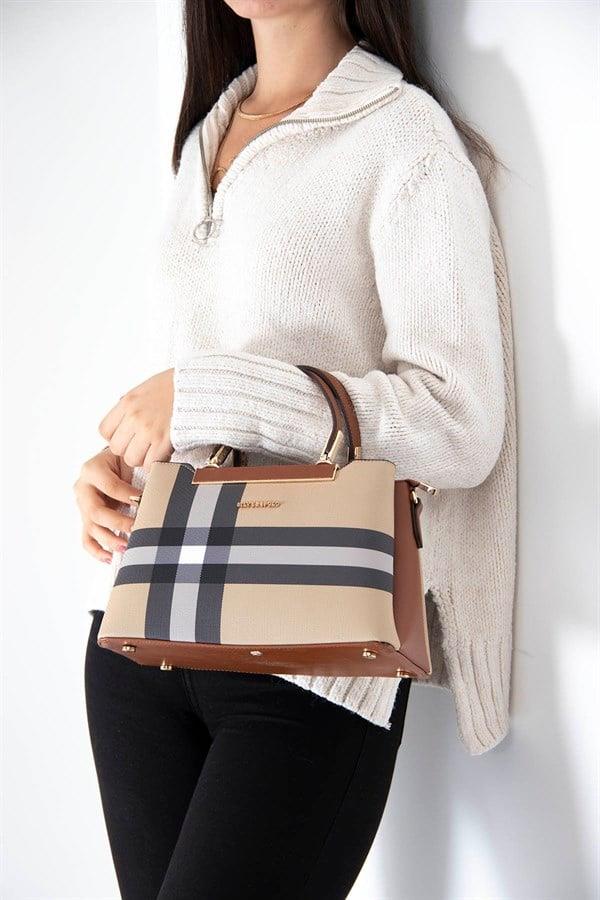 Silver & Polo SP913 Kadın El Çantası Ekose Bej-Taba