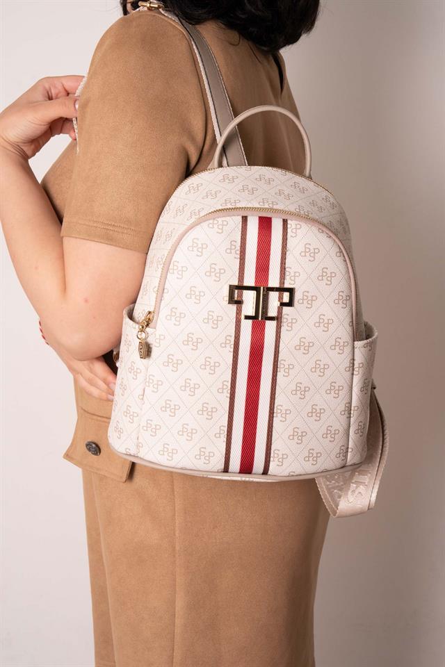 Silver & Polo SP1161 Kadın Sırt Çantası Şeritli Monogram Bej-Kum