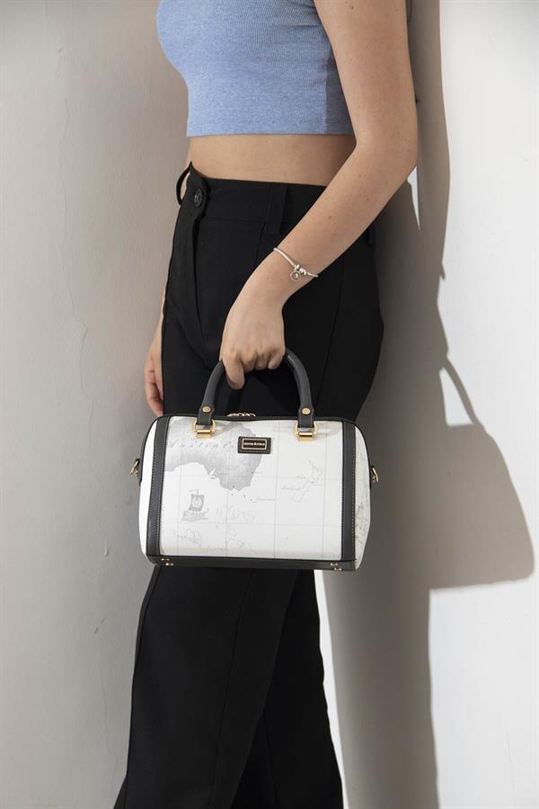 Silver & Polo SP1091 Kadın El Çantası Harita Beyaz-Antrasit