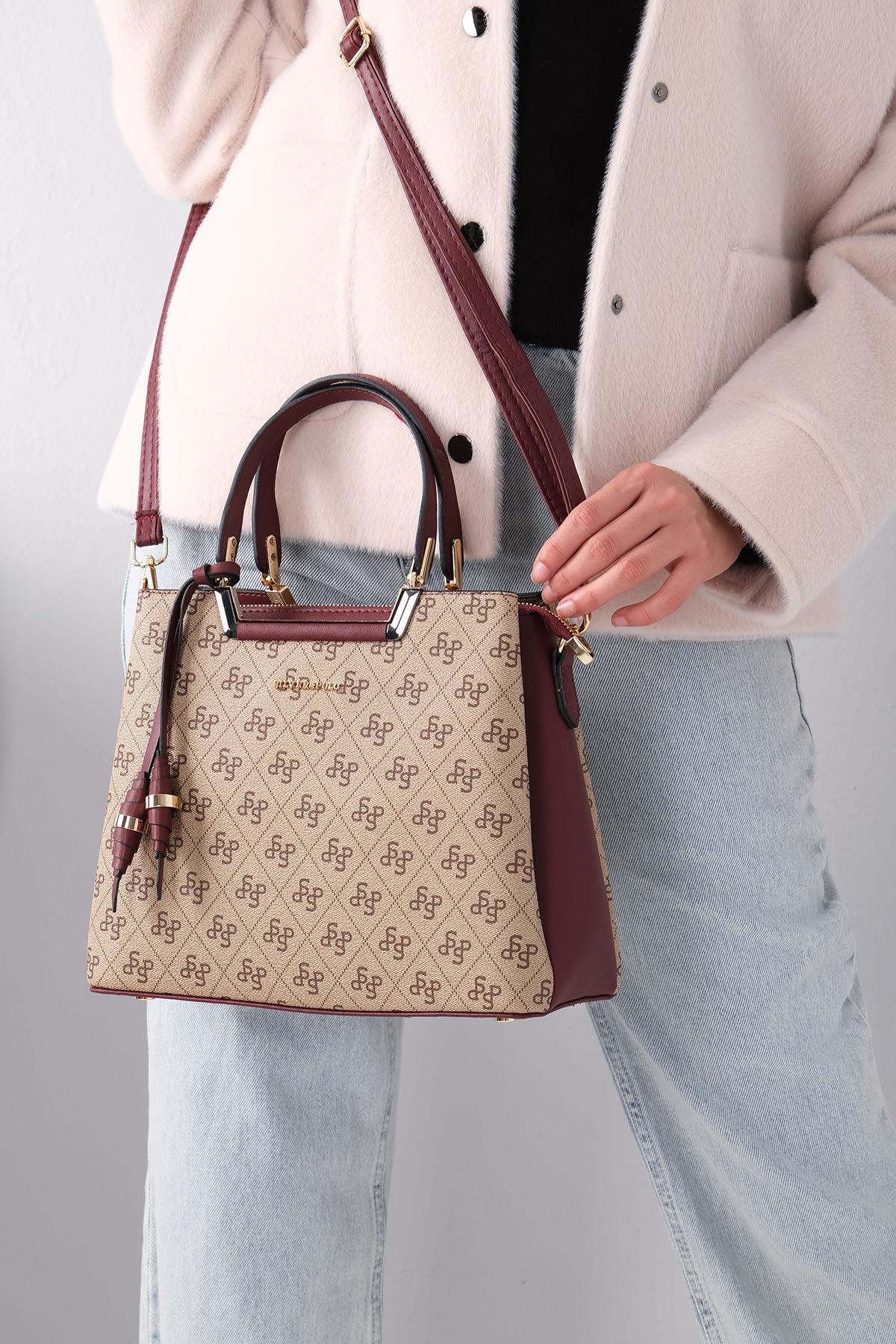 Silver & Polo Koyu Bej - Bordo SP969 Kadın El Çantası