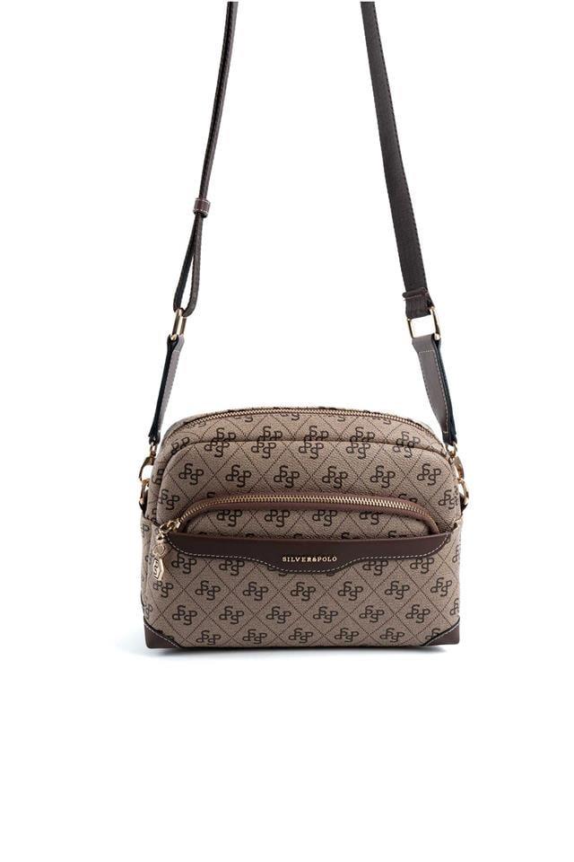 Silver & Polo SP1201 Kadın Çapraz Çanta Monogram Koyubej-Kahve