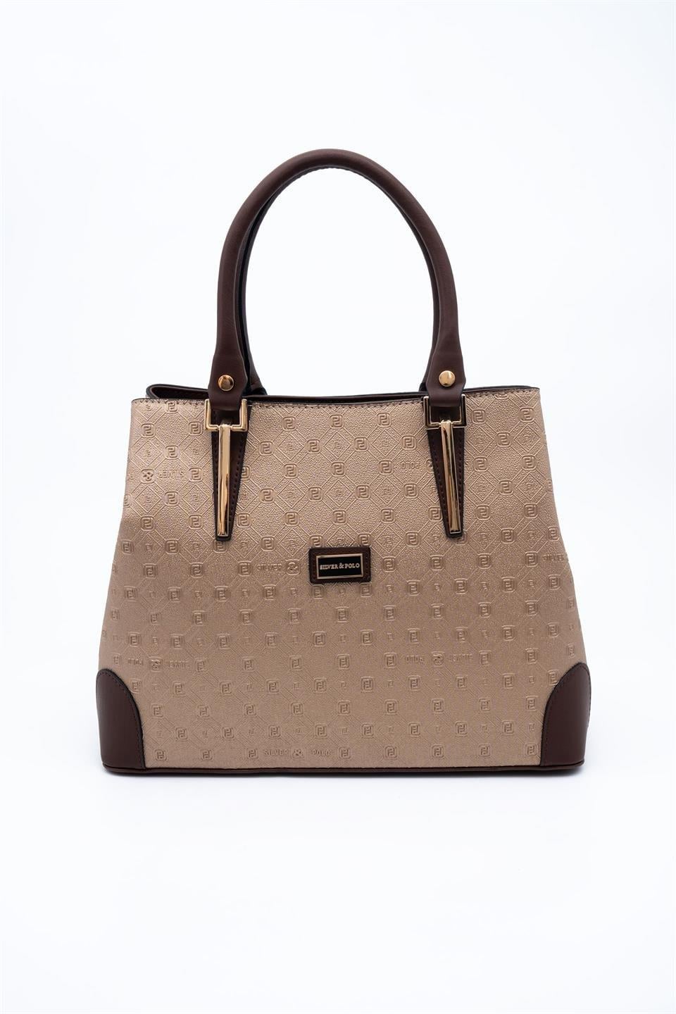 Silver & Polo SP667 Kadın El Çantası Logolu Bronz-Kahve