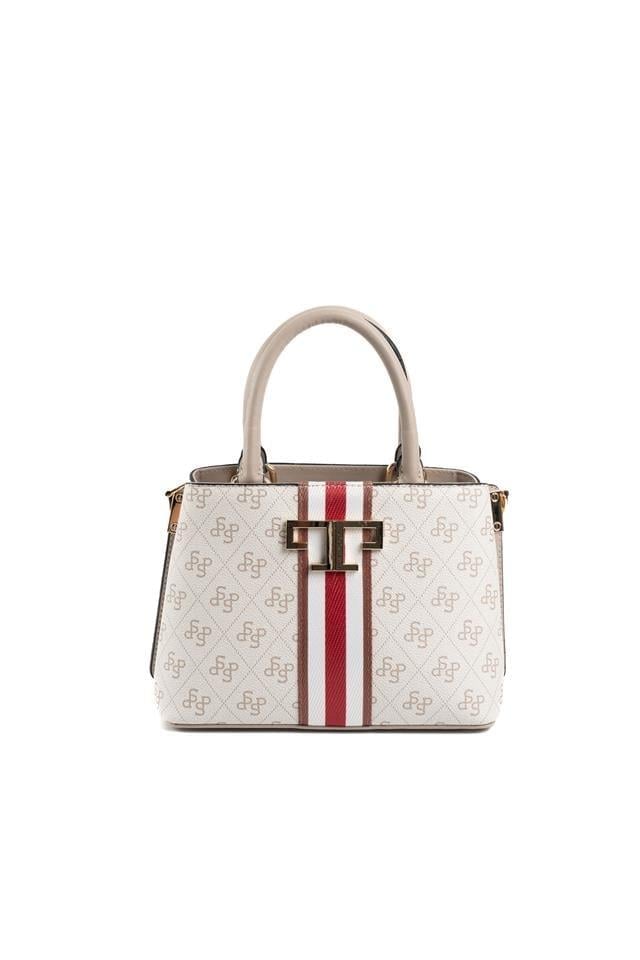Silver & Polo SP987 Kadın El Çantası Şeritli Monogram Bej-Kum