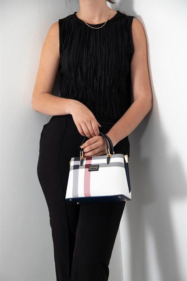 Silver & Polo SP987 Kadın El Çantası Ekose Beyaz-Lacivert