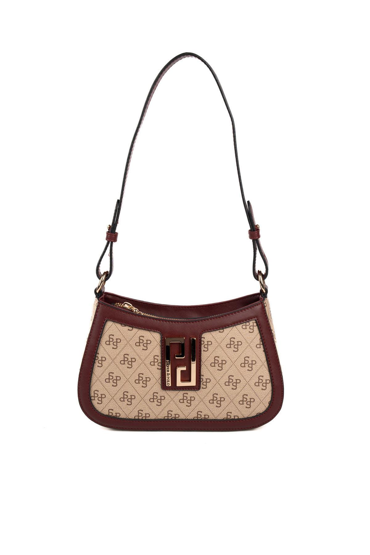 Silver & Polo SP1132 Kadın Çapraz Çanta Monogram Koyu Bej-Bordo
