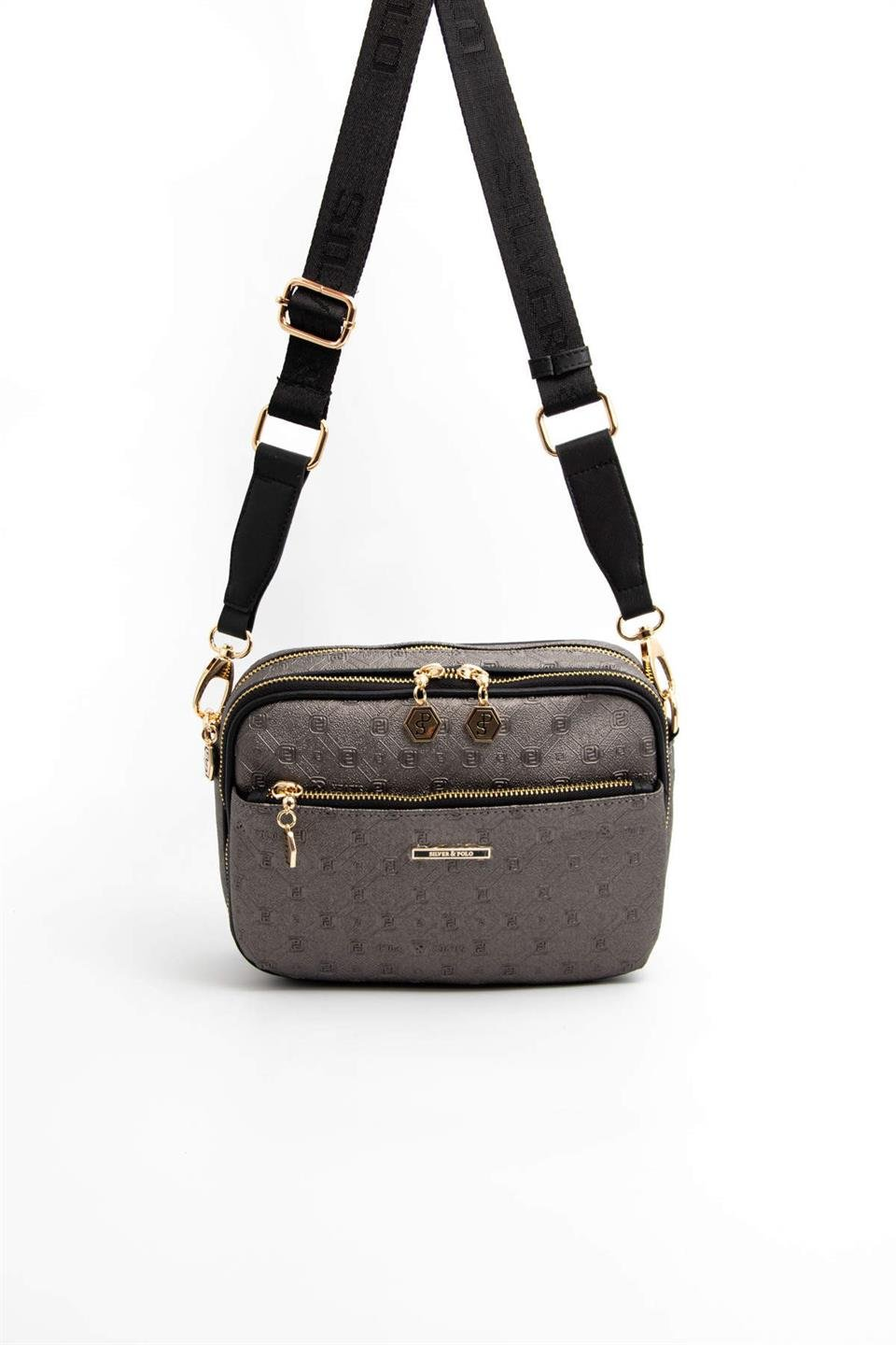 Silver & Polo SP1162 Kadın Çapraz Çanta Logolu Platin-Siyah