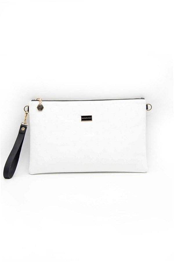 Silver & Polo SP1034 Kadın Portföy & Clutch Logolu Beyaz-Beyaz