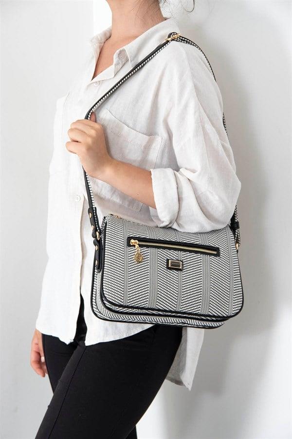 Silver & Polo SP818 Kadın Çapraz Çanta Hasır Siyah Beyaz-Siyah