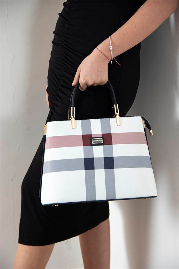 Silver & Polo SP924 Kadın El Çantası Ekose Beyaz-Lacivert