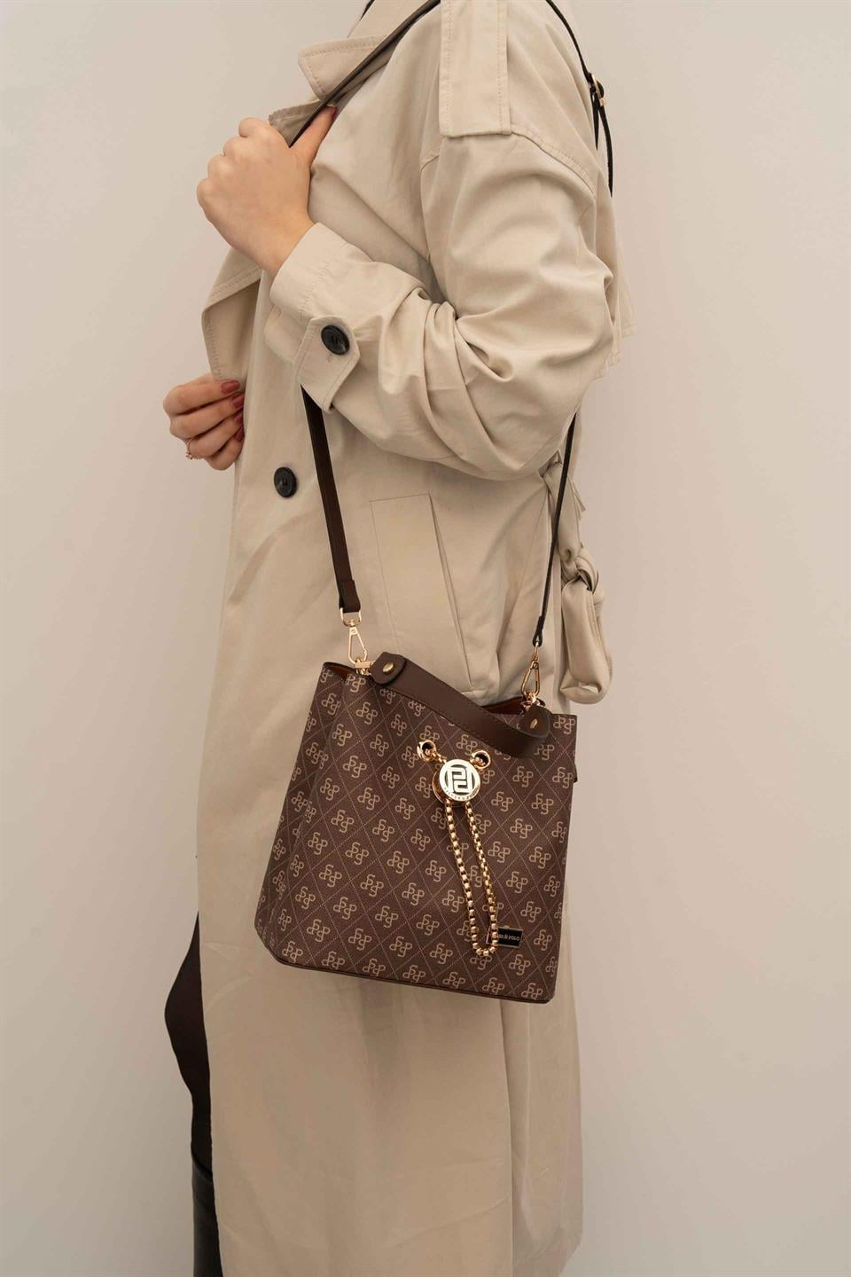 Silver & Polo SP967 Kadın Çapraz Çanta Monogram Kahve