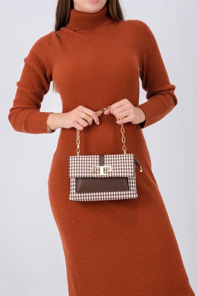 Silver & Polo SP1148 Kadın Çapraz Çanta Ekose Line Kare Kahve Sarı-Kahve