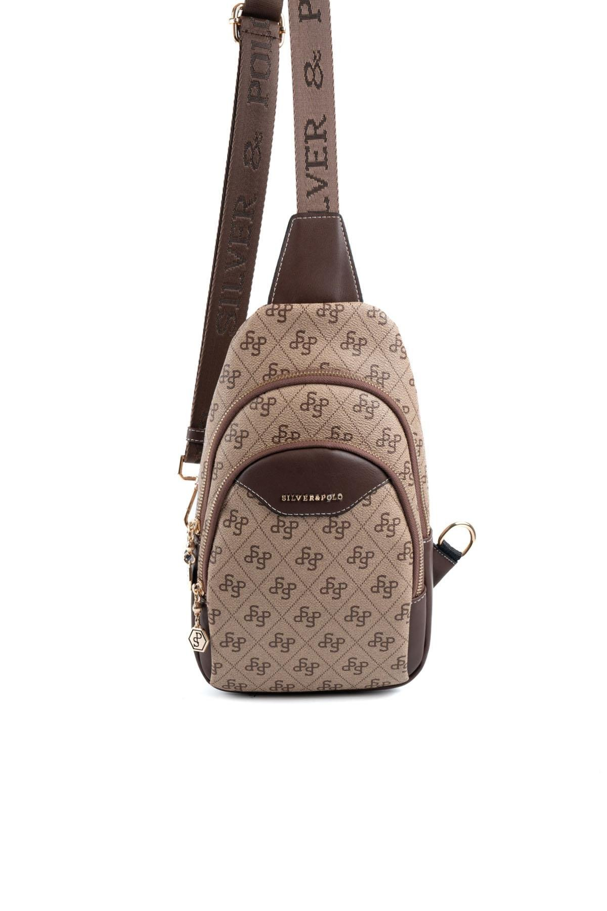 Silver & Polo SP959 Kadın Vücut Çantası Monogram Koyubej-Kahve