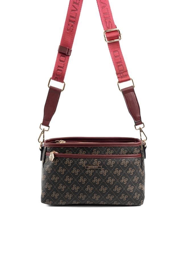 Silver & Polo SP1184 Kadın Çapraz Çanta Monogram Kahve Sarı-Bordo