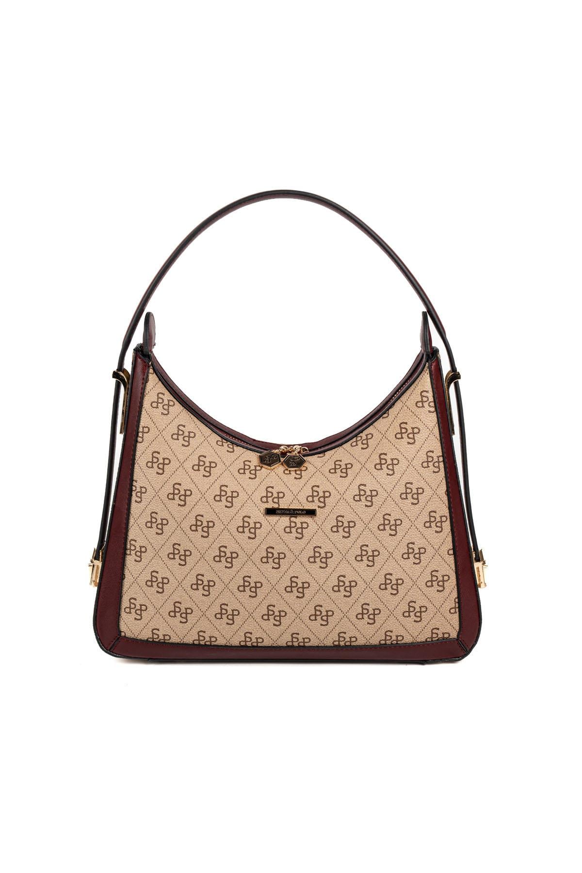 Silver & Polo SP1187 Kadın Omuz Çantası Monogram Koyu Bej-Bordo