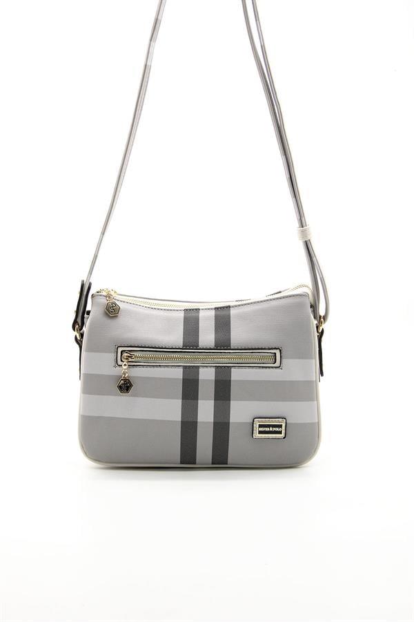 Silver & Polo SP818 Kadın Çapraz Çanta Ekose A.Gri-Kemik