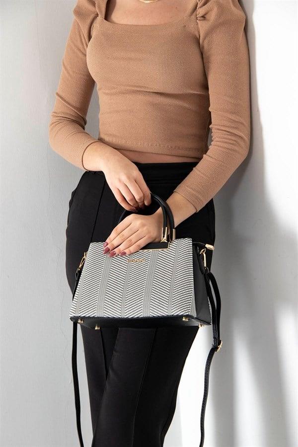 Silver & Polo SP913 Kadın El Çantası Hasır Siyah Beyaz-Siyah