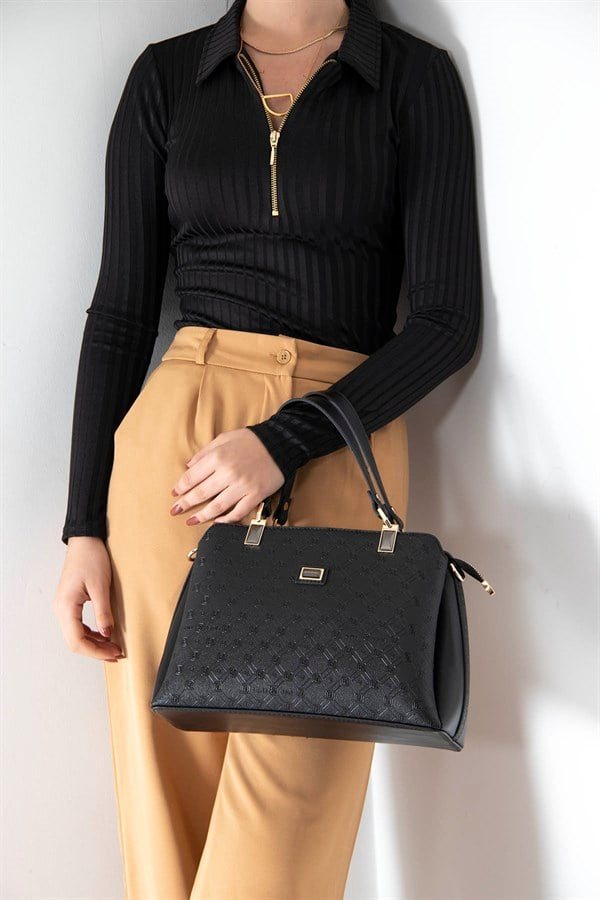 Silver & Polo SP972 Kadın El Çantası Logolu Siyah-Siyah