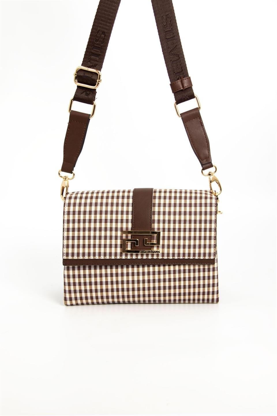 Silver & Polo SP1009 Kadın Çapraz Çanta Ekose Line Kare Kahve Sarı-Kahve