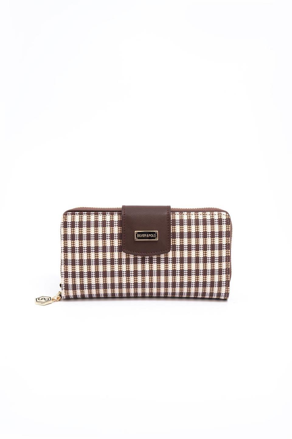 Silver & Polo SP928 Kadın Cüzdan & Kartlık Ekose Line Kare Kahve Sarı-Kahve