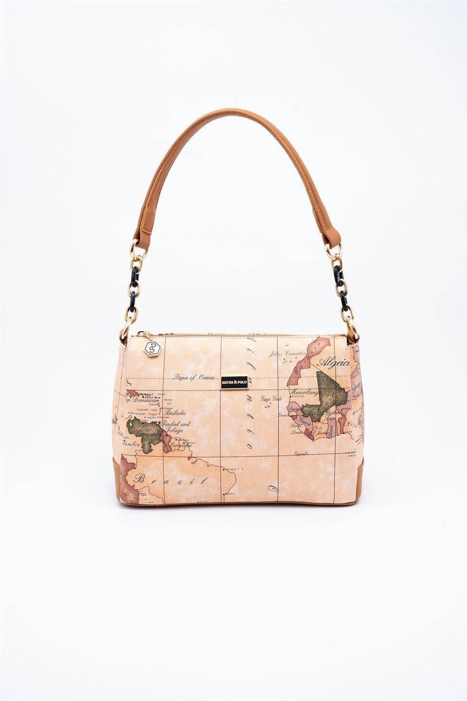 Silver & Polo SP910 Kadın Çapraz Çanta Harita Pudra-A.Taba