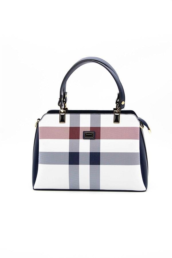 Silver & Polo SP972 Kadın El Çantası Ekose Beyaz-Lacivert