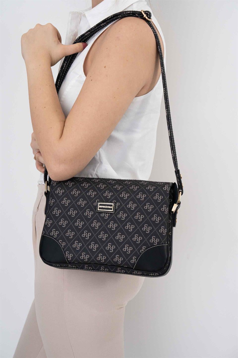 Silver & Polo SP784 Kadın Çapraz Çanta Monogram Füme-Siyah