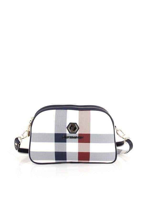 Silver & Polo SP745 Kadın Çapraz Çanta Ekose Beyaz-Lacivert