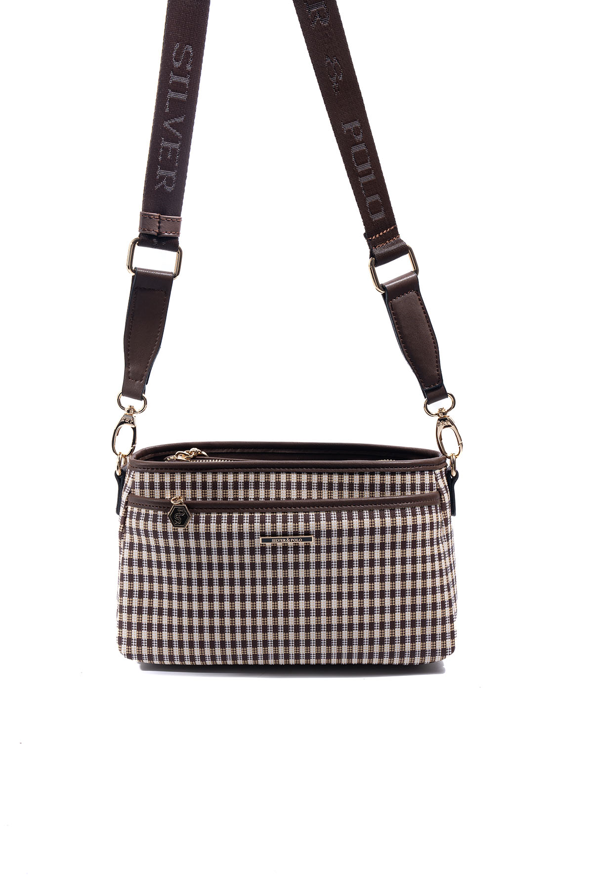 Silver & Polo SP1184 Kadın Çapraz Çanta Ekose Line Kare Kahve Sarı-Kahve