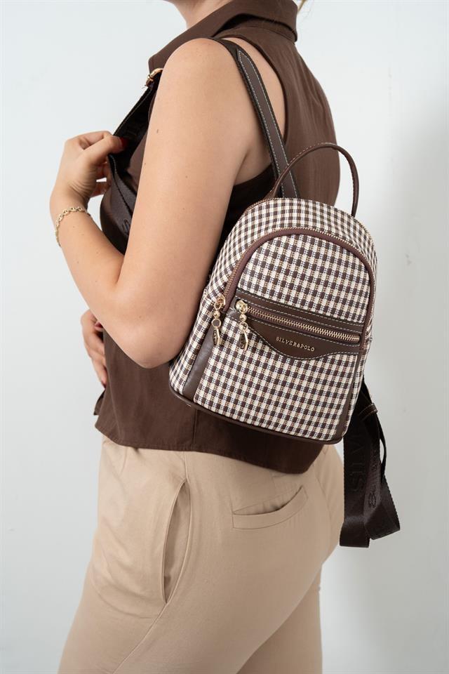 Silver & Polo SP983 Kadın Sırt Çantası Ekose Line Kare Kahve Sarı-Kahve
