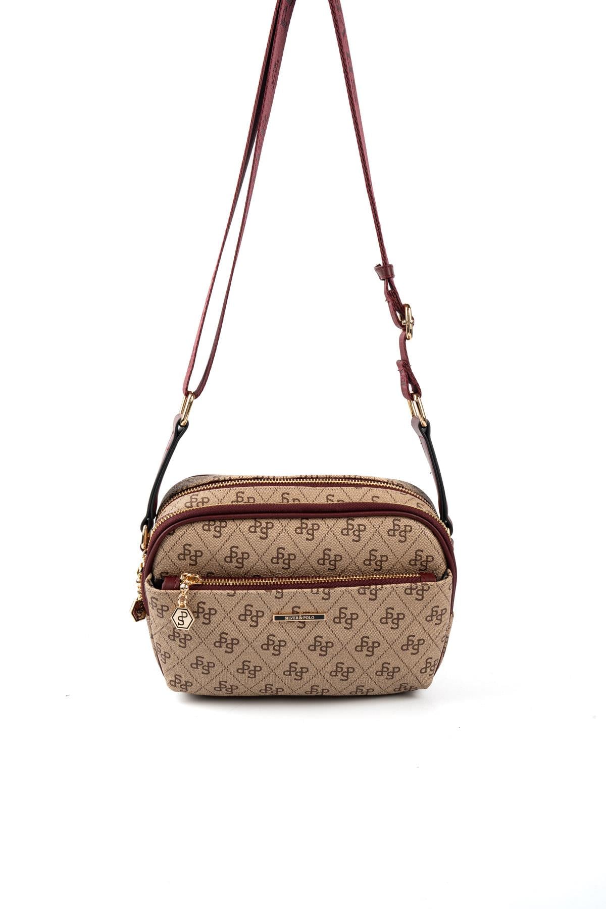 Silver & Polo SP1162 Kadın Çapraz Çanta Monogram Koyu Bej-Bordo