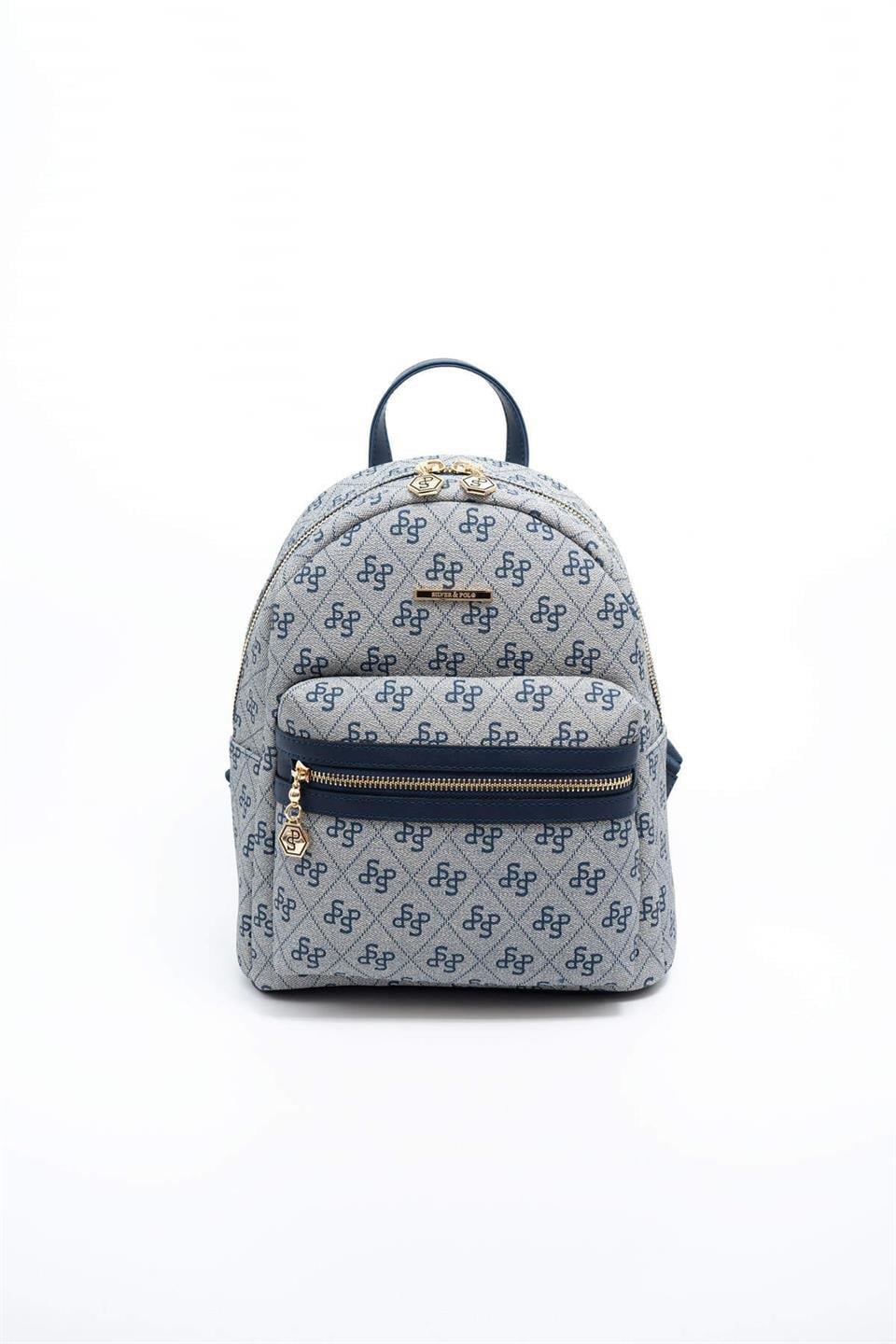 Silver & Polo SP1146 Kadın Sırt Çantası Monogram Gri-Lacivert
