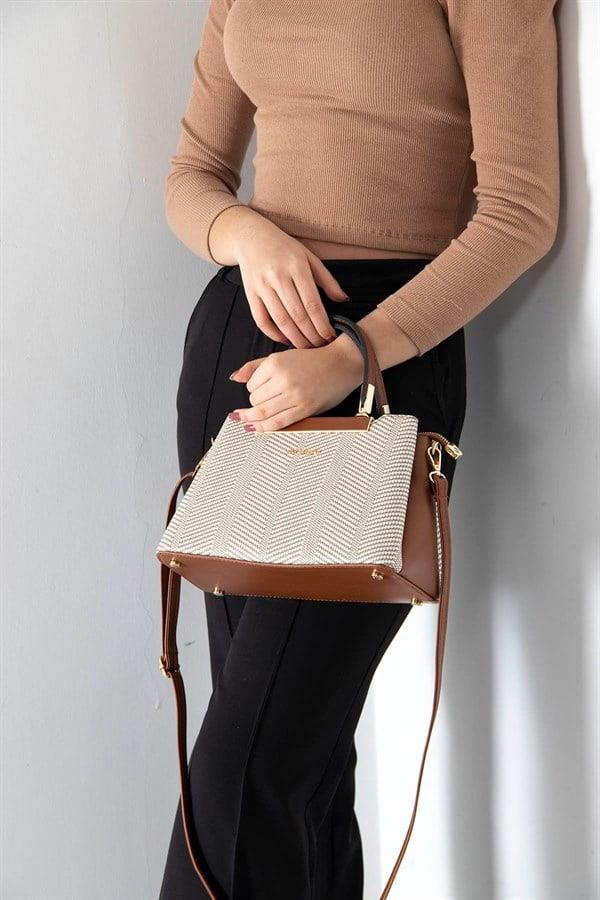 Silver & Polo SP913 Kadın El Çantası Hasır Bej-Taba