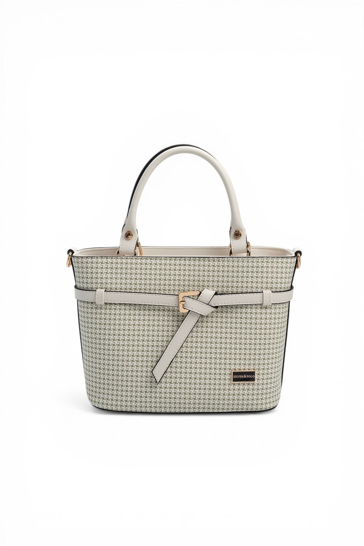 Silver & Polo SP1283 Kadın El Çantası Kaz Ayağı Ekose Yeşil-Kemik