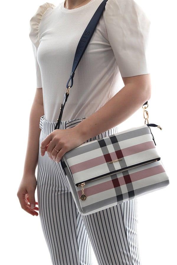 Silver & Polo SP963 Kadın Çapraz Çanta Ekose Beyaz-Lacivert