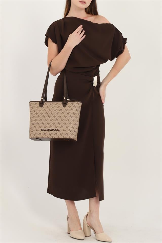 Silver & Polo SP1204 Kadın Omuz Çantası Monogram Koyubej-Kahve