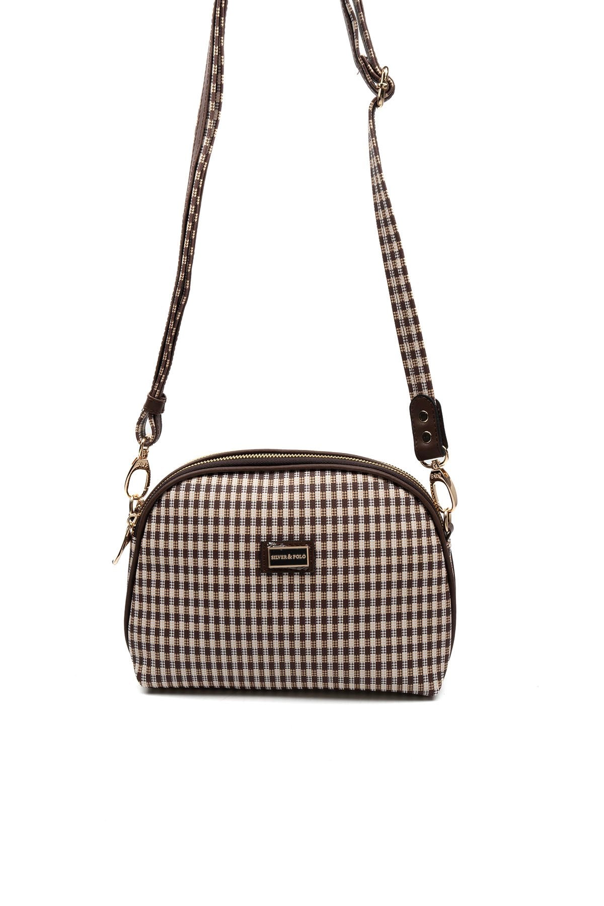 Silver & Polo SP765 Kadın Çapraz Çanta Ekose Line Kare Kahve Sarı-Kahve