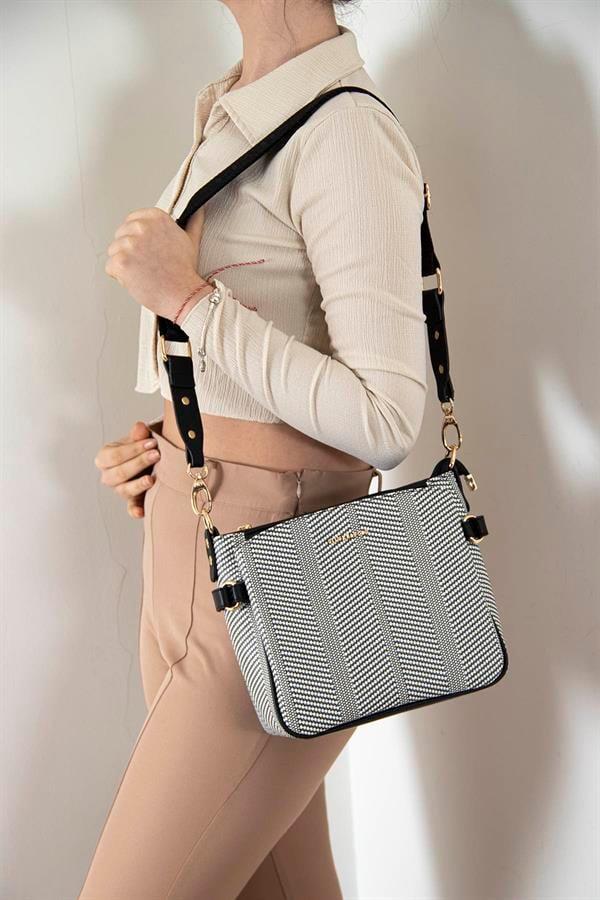 Silver & Polo SP884 Kadın Çapraz Çanta Hasır Siyah Beyaz-Siyah