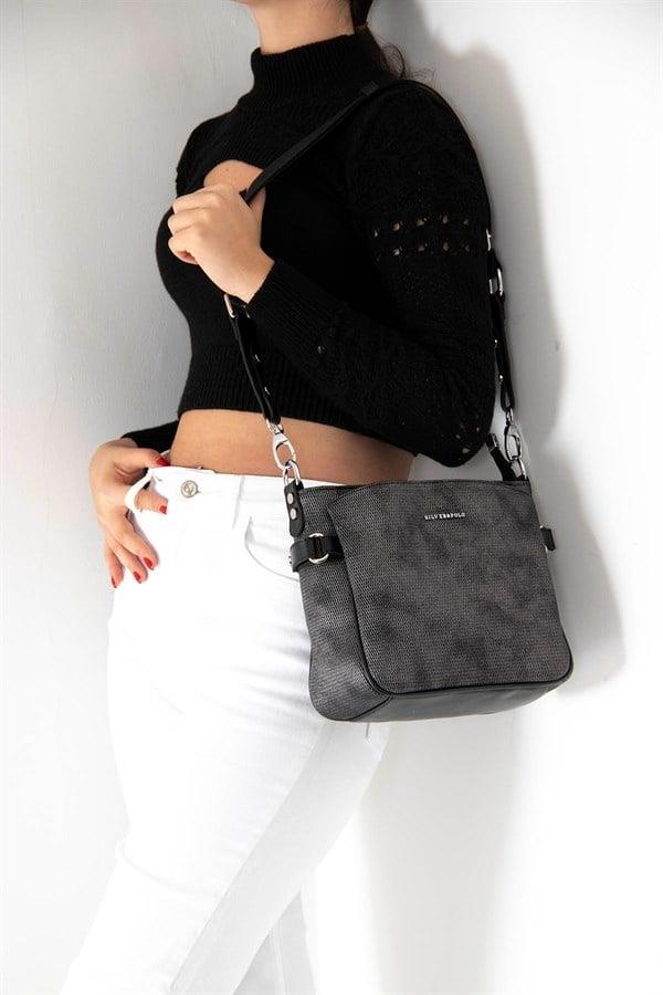 Silver & Polo SP884 Kadın Çapraz Çanta Petek M.Gümüş-Siyah