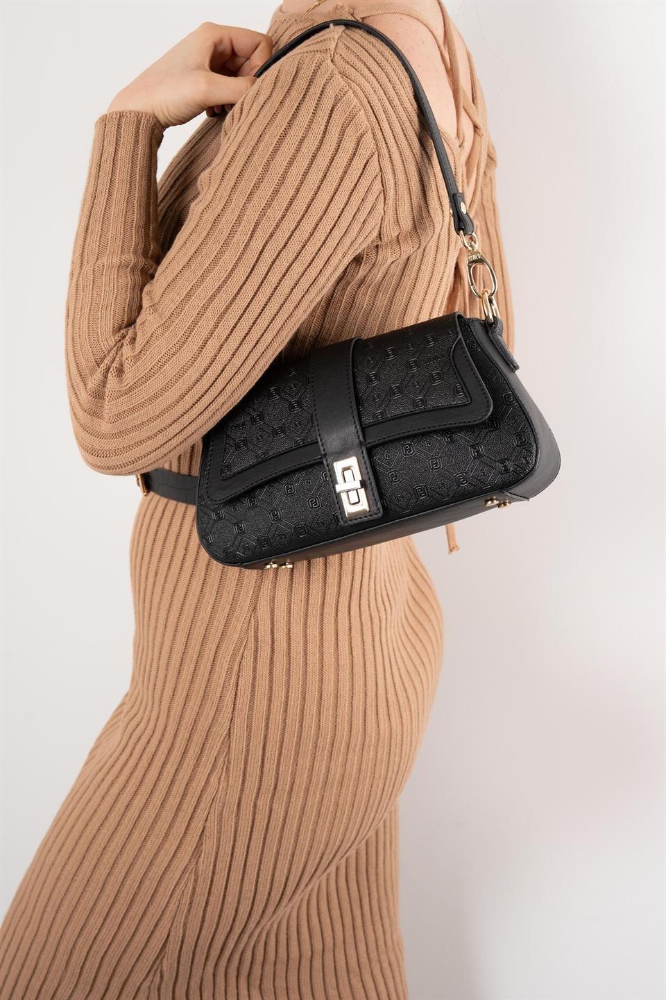 Silver & Polo SP1177 Kadın Omuz Çantası Logolu Siyah-Siyah